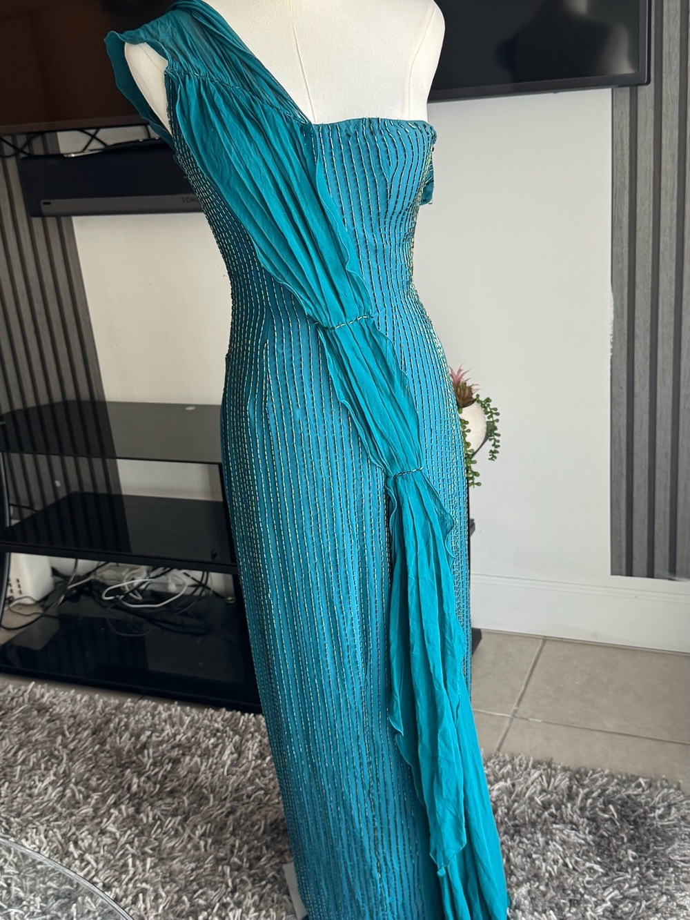Teal One-Shoulder Evening Gown with Draped Sash